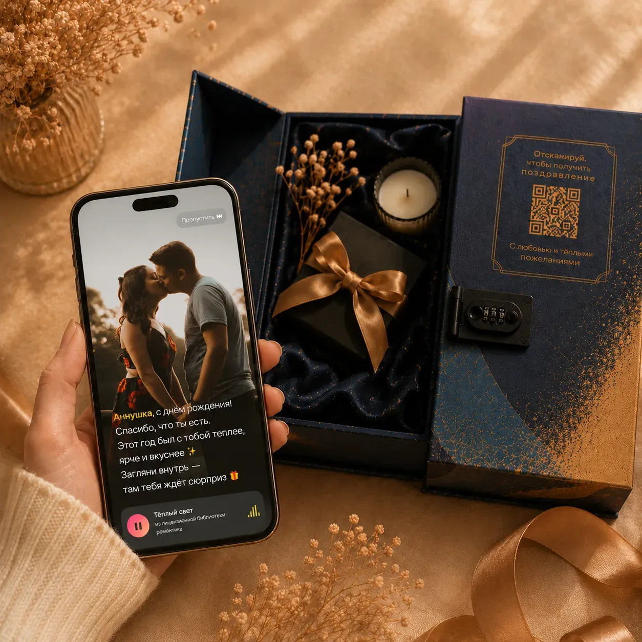 Открытая подарочная коробка GiftLock и телефон с QR-открыткой