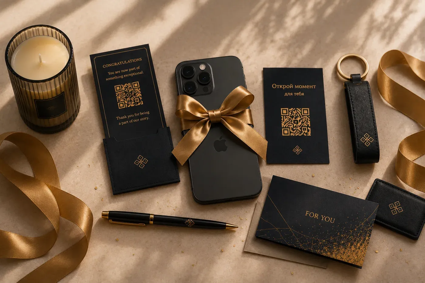 Открытки с QR-кодом, телефон и подарочные мелочи